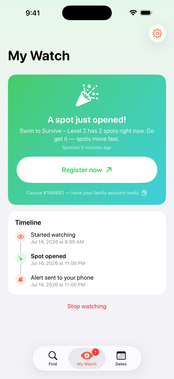 Rec Rush celebration screen: “A spot just opened!” with a Register now button