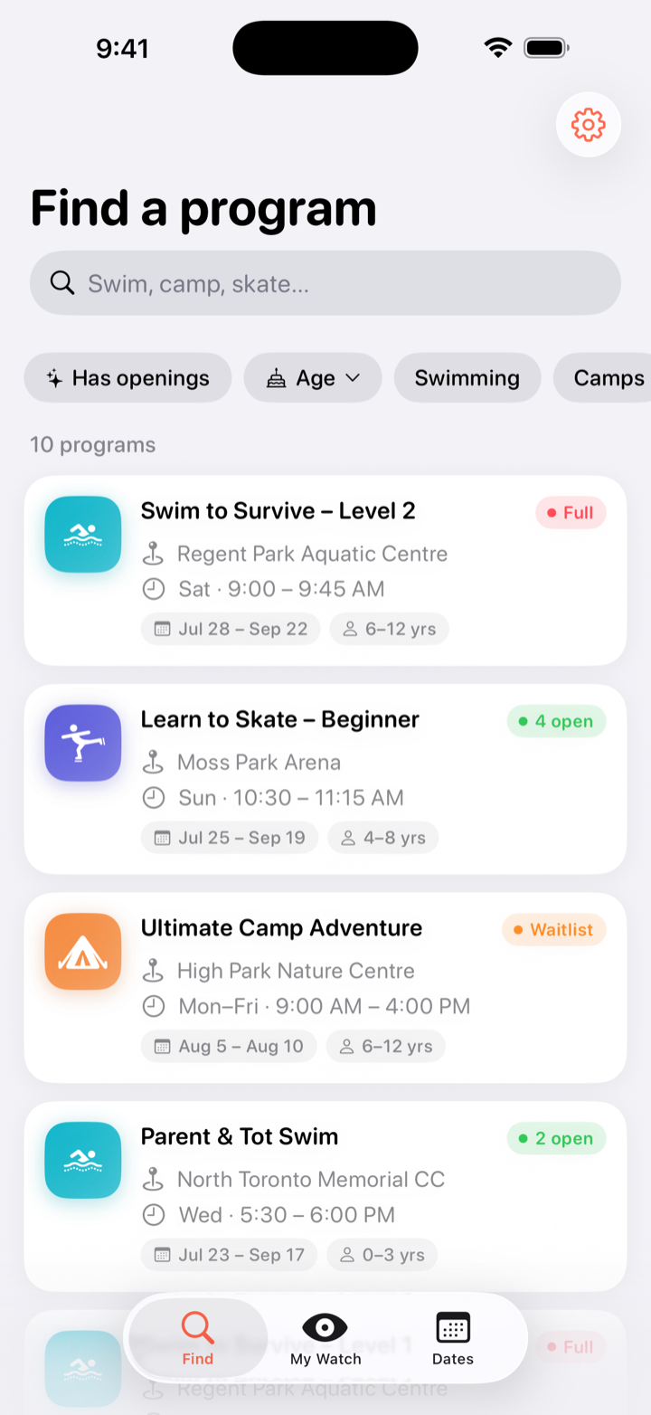 Rec Rush search screen listing Toronto programs with status badges like Full and 4 open